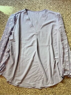 2XL Lavender V-Neck Blouse with Embroidered Sheer Sleeves